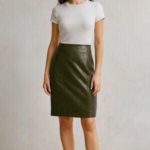 Vintage 80s Linda Allard for Ellen Tracy Olive Green Leather skirt 4 Petite
